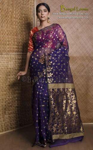 Muslin Jamdani Saree in Blue and Gold