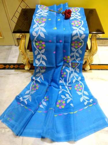 Muslin Jamdani Saree in Blue and White