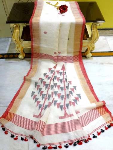 Pure Handloom Linen Saree in White, Red and Gold