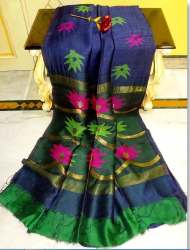 Silk Linen Floral Saree in Navy Blue and Green