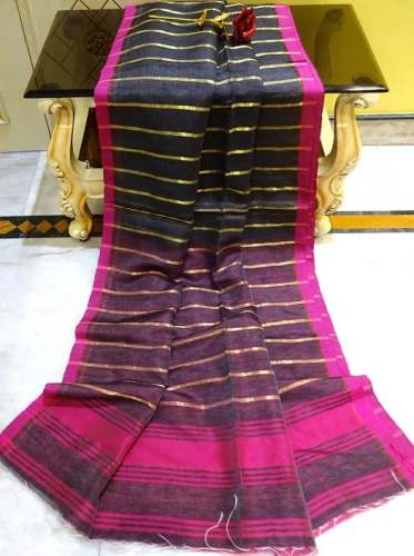 Silk Linen Saree with Vertical Stripes in Purple 