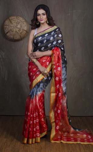 Tie and Dye Linen Shibori Saree in Black and Red