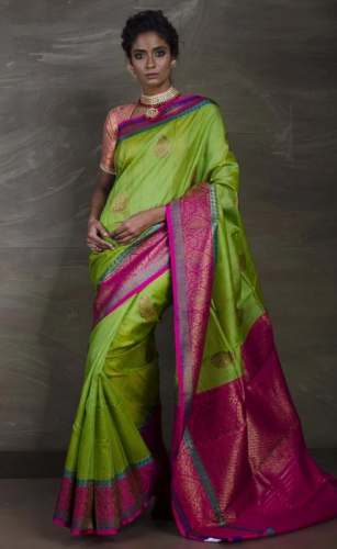 Tussar Banarasi Saree in Parrot Green and Magenta
