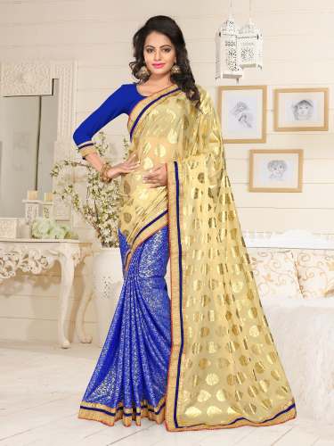 Beige And Blue Colored Lycra Saree.