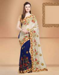 Blue & Beige Colored Georgette & Chiffon Saree.