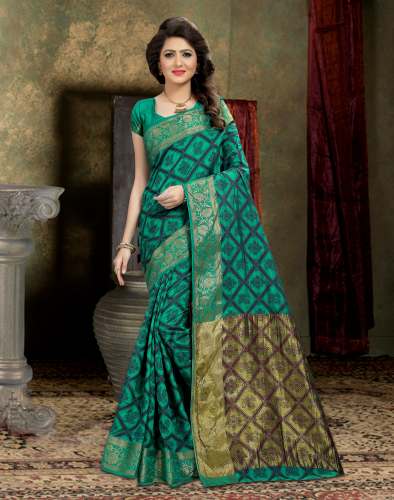 Green & blue Colored Banarasi Silk Saree.