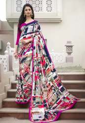 Grey , Pink & Off White Colored Crepe Saree.