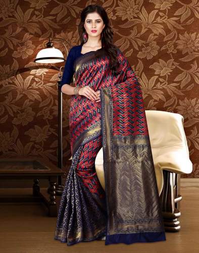 Navy Blue Colored Patola Silk Saree.