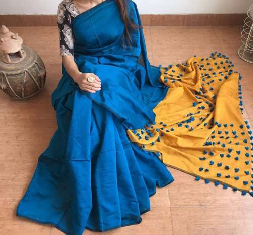 Cotton Silk Pompom Handloom Saree