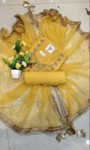 Party Wear Yellow Chanderi silk Suit Material 