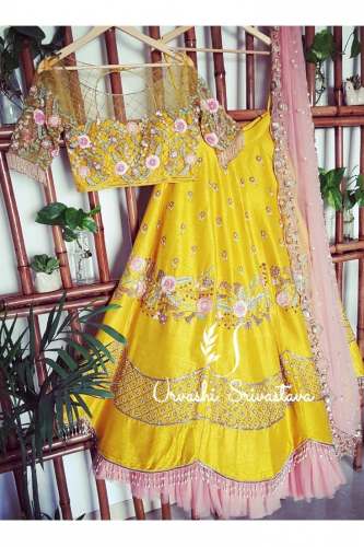 Yellow Colored Party Pieach Colored Lehengha Choli by Rangoli Fab