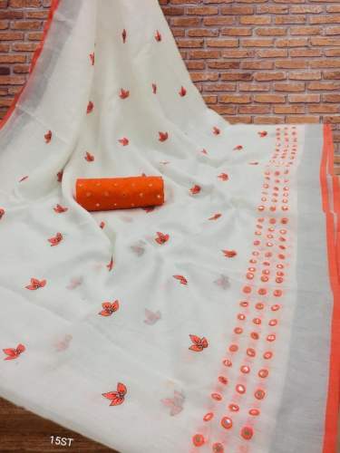 Beautiful Mirror & Embroidery Work Linen Saree