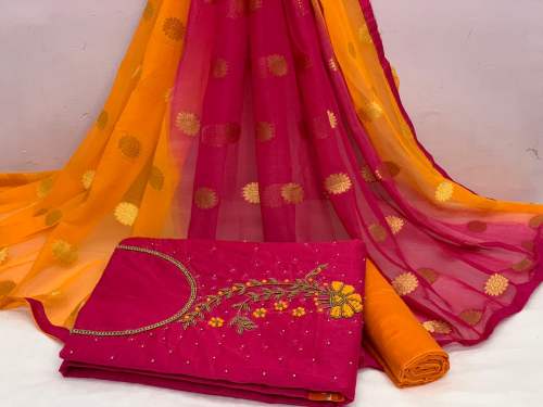 Chanderi Cotton Dress Material With Khatali  Work