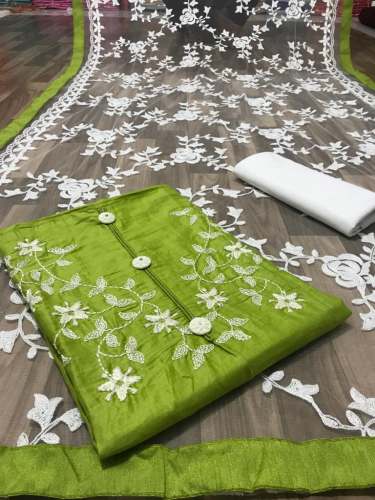 Glace cotton Dress Material with Chain Stich Work