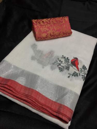 Linen Saree With Brocade Blouse