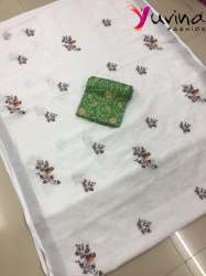 White Printed Resam Linen Cotton Sarees