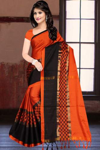 Orenge Black silk cotton woven saree for women