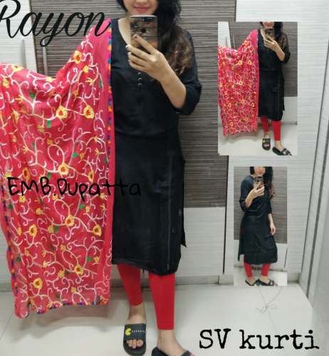 Rayon Kurti With Embroidery Chiffon Dupatta