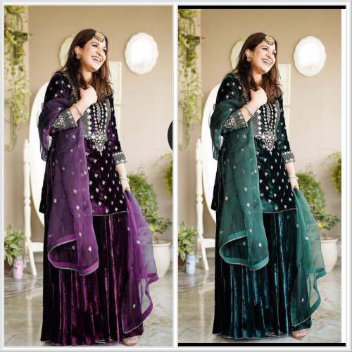 Beautiful Viscos Velvet With Embroidery Work Sharara Suit by Aaradhya Fashion
