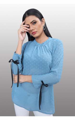 Aqua Blue Dotted Girls Western Top 