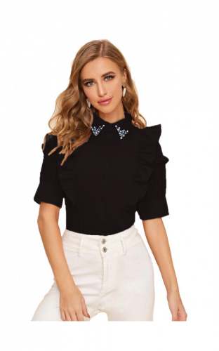 Collar Pattern Black Solid Western Top  by Jencuz World