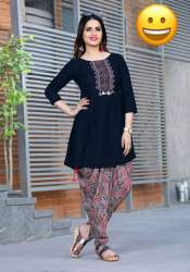 Girls Royal Blue Rayon Cotton Kurtis With Dhoti