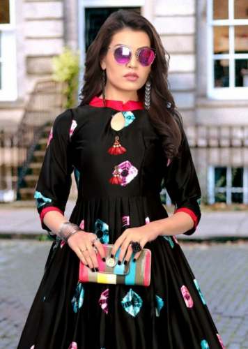 3Dr Gown 2 Japan Satin Black Digital Printed Kurti