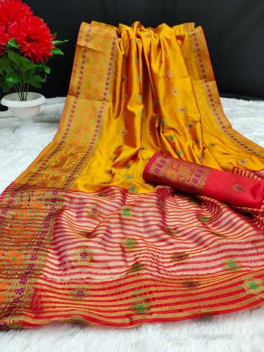 Aashopalav Yellow Lichi Silk Saree by Vraj Tex