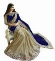 half half blue and golden georgette saree