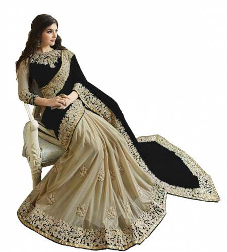 half half georgette black ang golden saree 