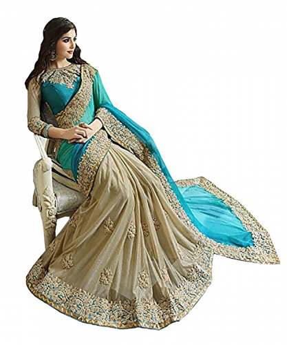 half half  havy georgette c green and golden saree