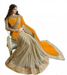 half half saree orange and golden designer saree