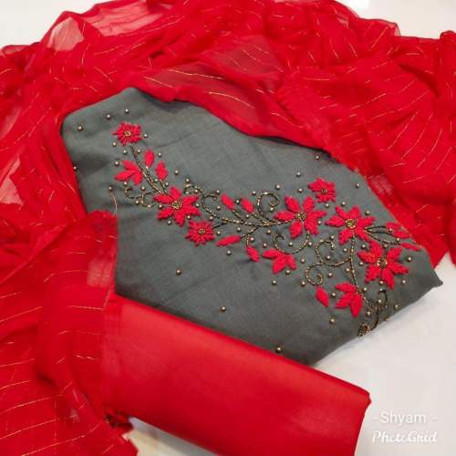 PAHAL GREY CHANDERI SLUB COTTON DRESS MATERIAL