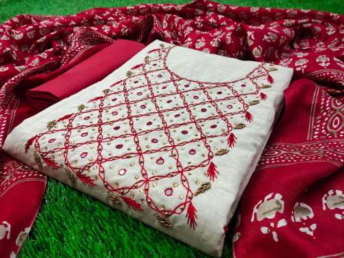 SHARDA RED KHADI SILK COTTON DRESS MATERIAL