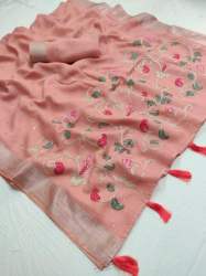 Linen silk with Embroidery  Saree For Women's