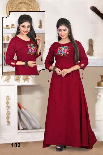 Slub Rayon Anarkali Embroidery work kurti
