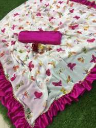 Satin Printed Ruffle Sarees 