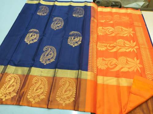 Orange and Blue cotton silk saree by Thenmozhi Silk Sarees