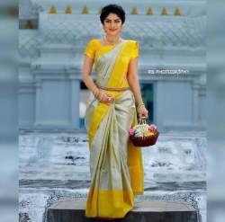 SOFT LICHI SILK YELLOW AND CREAM SAREE