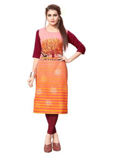 Orange Round Neck Digital Printed Kurtis