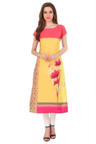 Self Print Crape Short Sleeve Kurtis-1