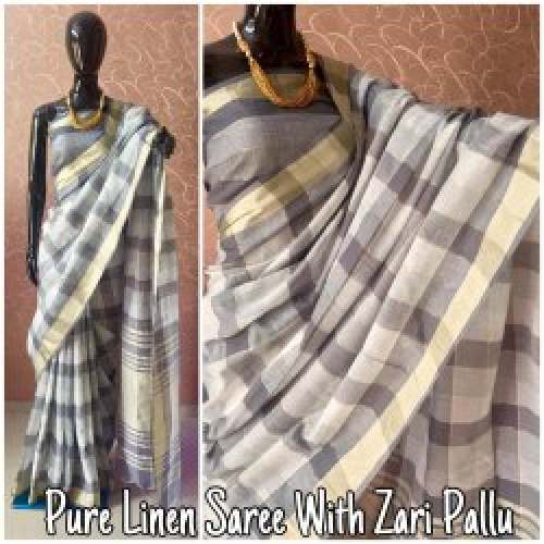 Designer Linen Printed Chekered Saree