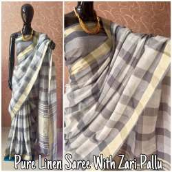 Designer Linen Printed Chekered Saree