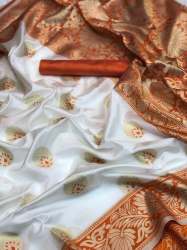 Red and white katan silk Saree by Riyan Fashion