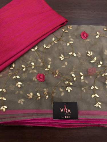 Beige Designer Embroidered Organza Sarees by Vika Boutique