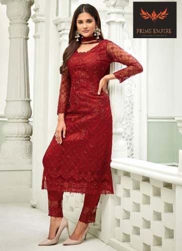 Red Straight Embroidery Work Sharara Suits by Prime Empire