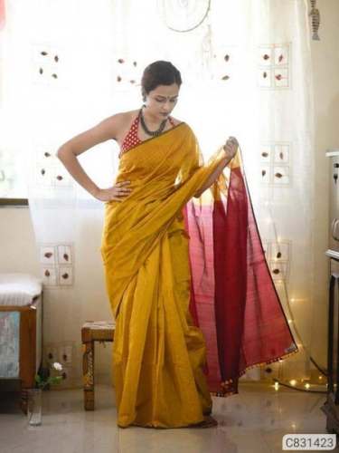 Fancy Plain Silk Cotton Handloom Saree by Tantusha