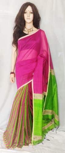 Green and Pink Cotton Handloom Saree by Tantusha