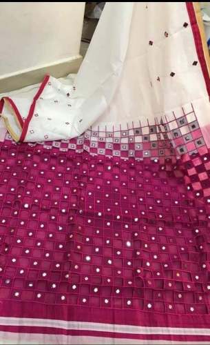 Pink And Off white Cut work Coton Silk Saree