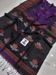 Pure Linen by Linen Handwoven Ikkat with Copper and Silver Zari Saree